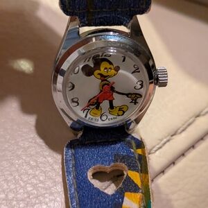 Vintage Swiss Mickey Stainless Steel Watch with Patterned Strap Collectible 1973